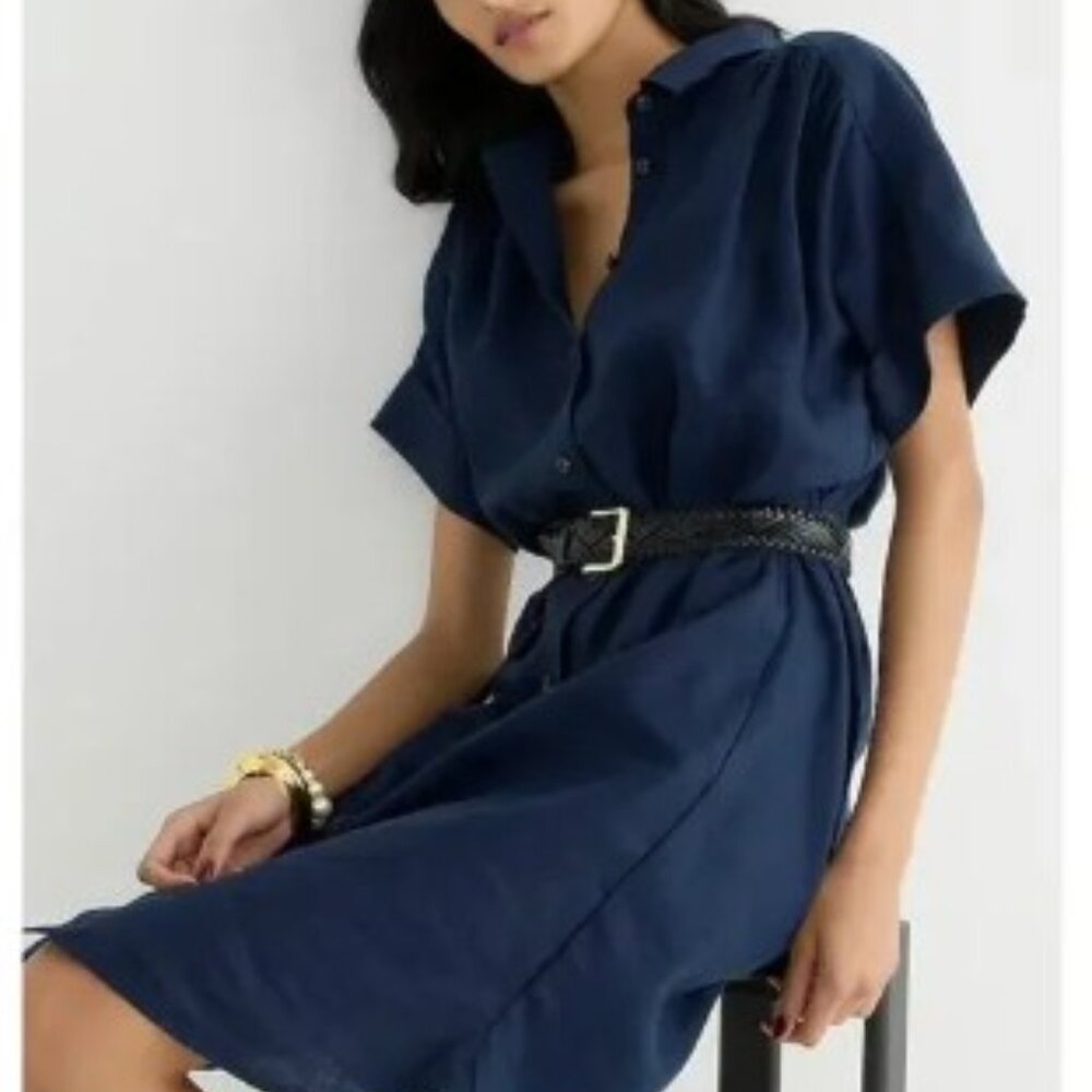 J. CREW Baird McNutt 100% Irish Linen Shirt Dress Size XS Relaxed Fit Navy Blue